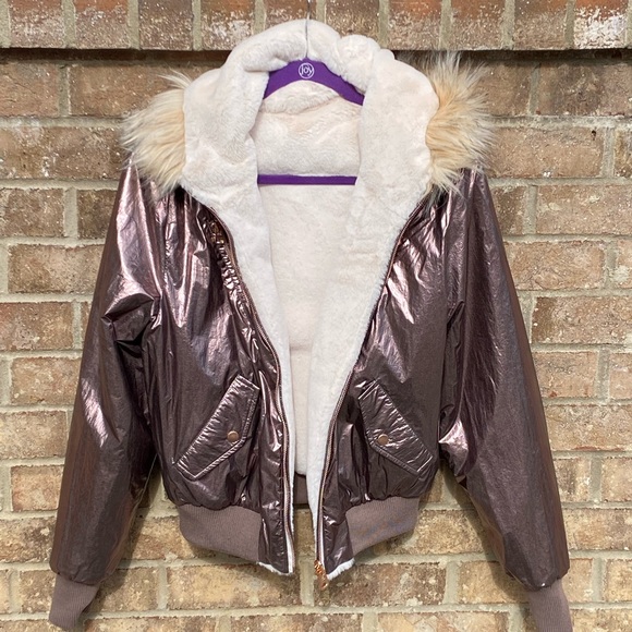 Ramy Brook Julian Reversible Jacket Faux Fur& Rose Gold Metallic Bomber Small - Picture 10 of 14